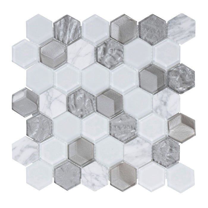 TDH27MDR Hexagon White and Gray Glass Blended with White Marble Stone Mosaic Tile