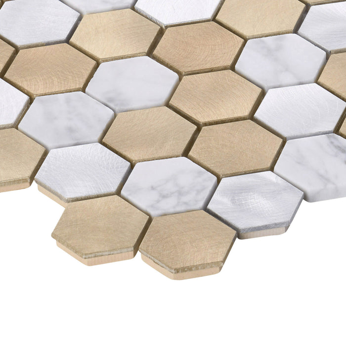 TDH32MDR White Calacatta Marble Champagne Gold Aluminum Metallic 1.5" Hexagon Mosaic Tile