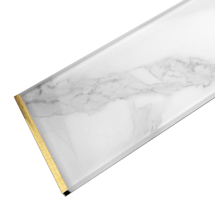 TDH82MDR 4” x 16” Super White Calacatta Stone Pattern Glass Gold Metal Trim Subway Mosaic Tile