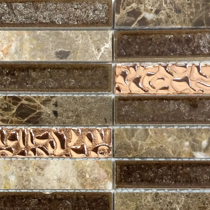 TDH203MO Brown Marble Stone Blended with Crackle and Silver Glass Mosaic Tile