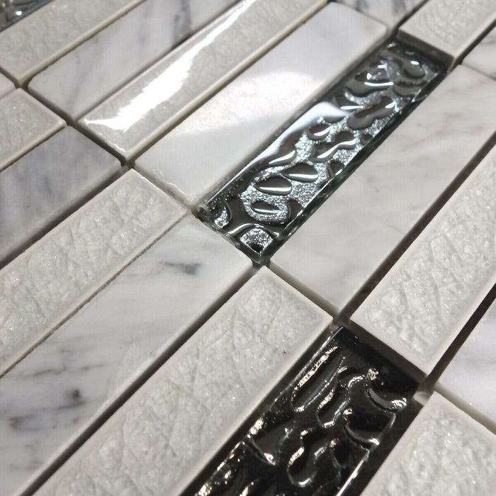 TDH201MO White Carrara Marble Stone Blended with Crackle and Silver Glass Mosaic Tile