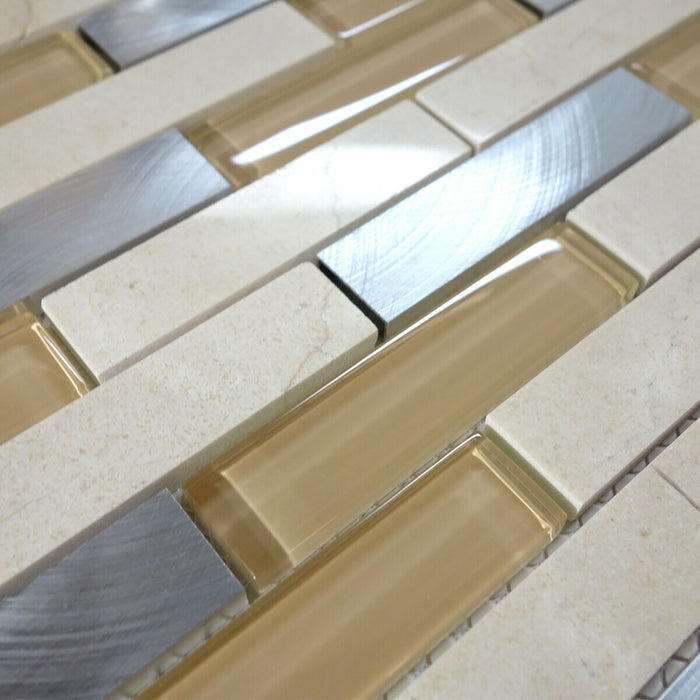 TDH215MO Ivory Marble Stone Blended with Beige Crystal Glass and Aluminum Mosaic Tile