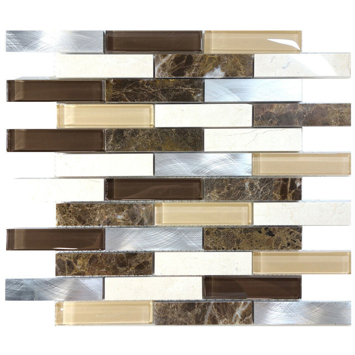 TDH212MO Brown Marble Stone Blended with Ivoy Brown Crystal Glass and Aluminum Mosaic Tile
