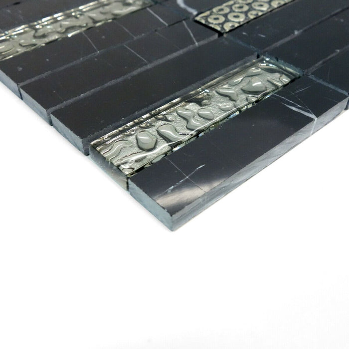 TDH192MO Black Marble Stone Blended with Silver Glass and 3D Décor Mosaic Tile
