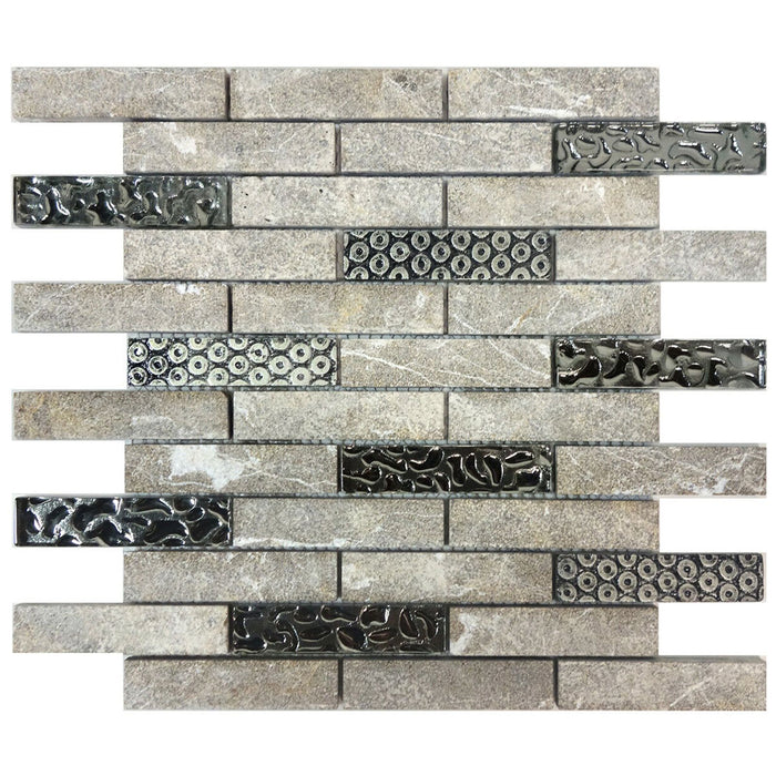 TDH136MO Gray Textured Stone Blended with Silver Glass and 3D Décor Mosaic Tile