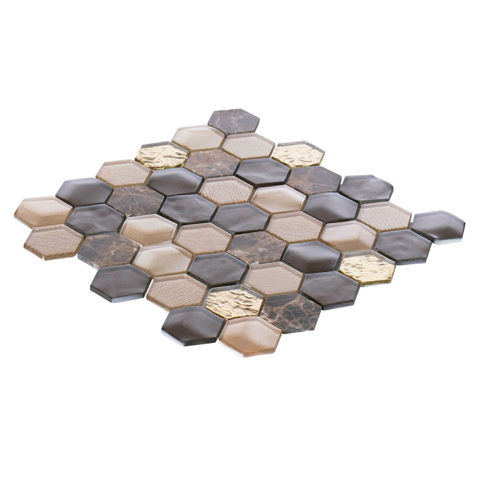 TDH31MDR Hexagon Brown and Beige Glass Blended with Brown Marble Stone Mosaic Tile