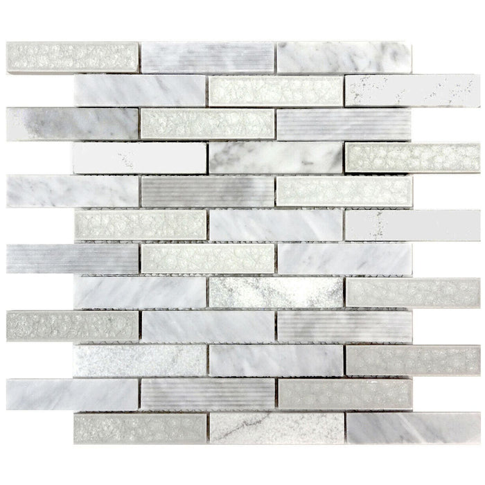 TDH44MO White Carrara Marble Stone Blended with Texture Stone and Crackle Glass Mosaic Tile