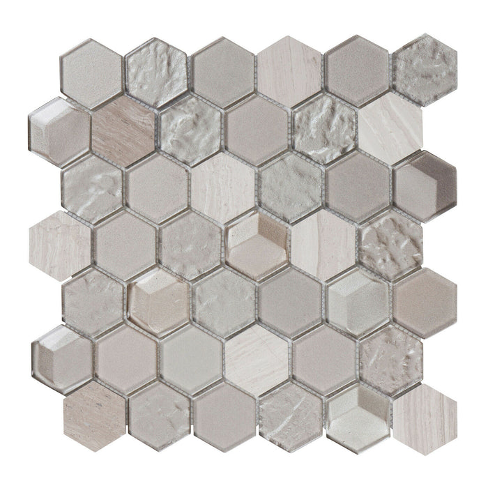 TDH28MDR Gray White Oak Beige Glass Marble Stone Hexagon Mosaic Tile