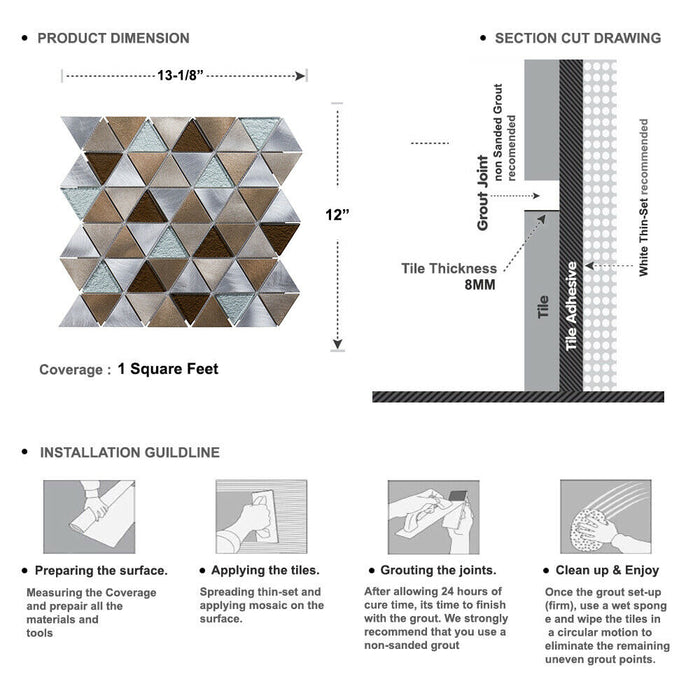 TDH63MDR Brown Gray Aluminum Metallic Crystal Glass Triangle Mosaic Tile