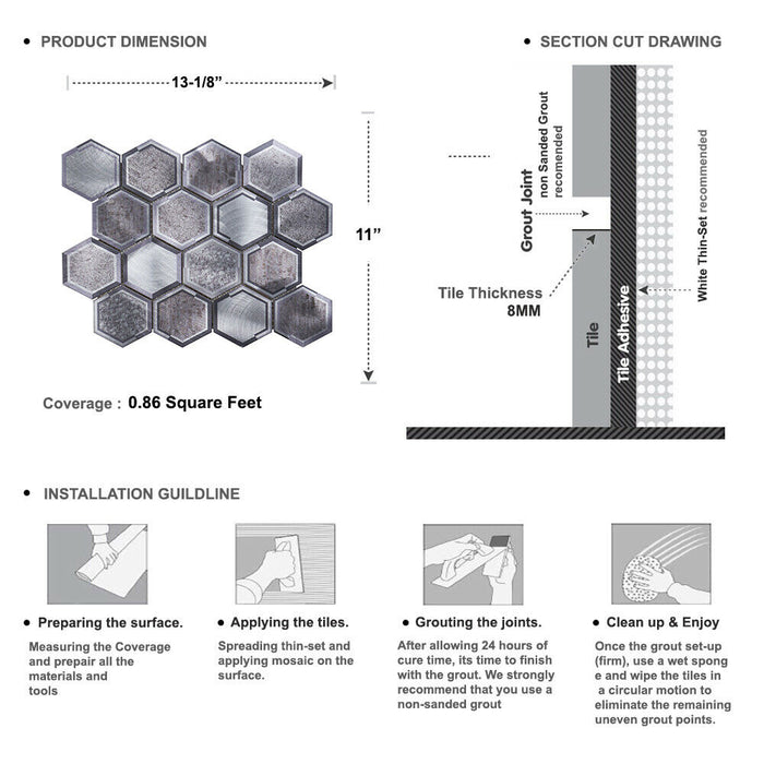 TDH60MDR Gray Aluminum Metallic Hexagon Mosaic Tile