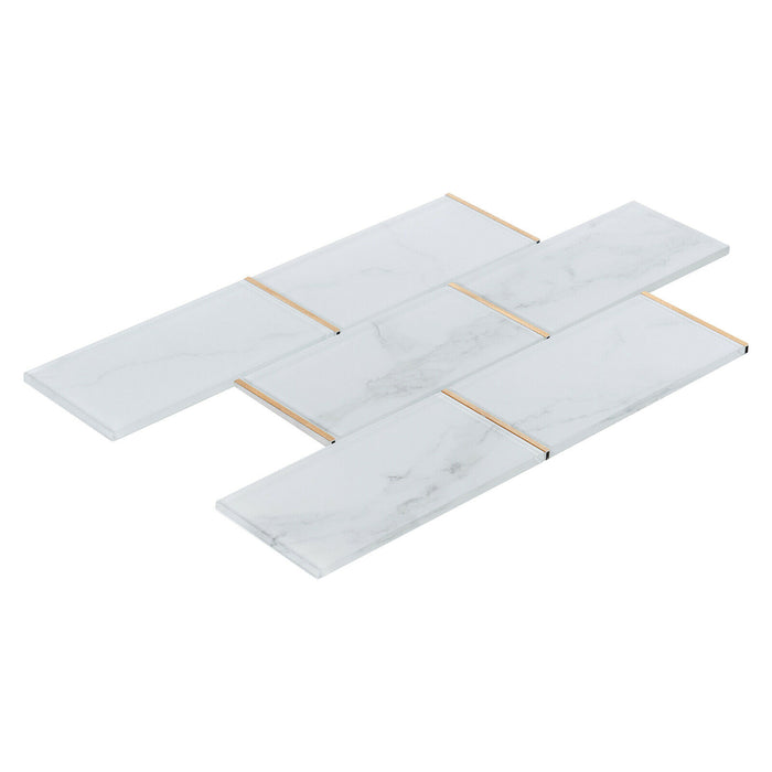 TDH78MDR 4” x 8” Super White Calacatta Stone Pattern Glass Gold Metal Trim Subway Mosaic Tile