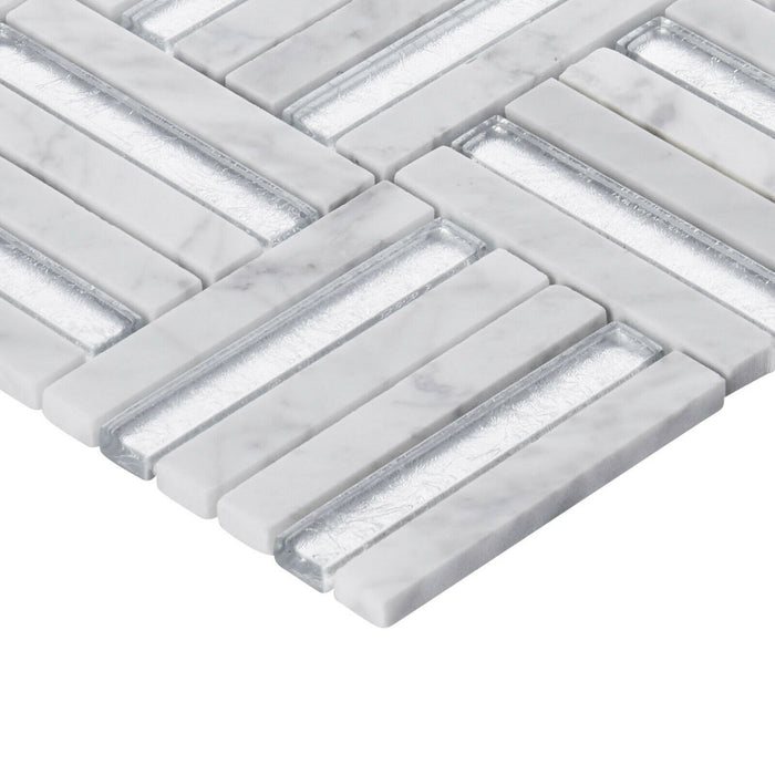 TDH360NS Natural Stone Crystal Glass Silver Carrara White Mosaic Tile