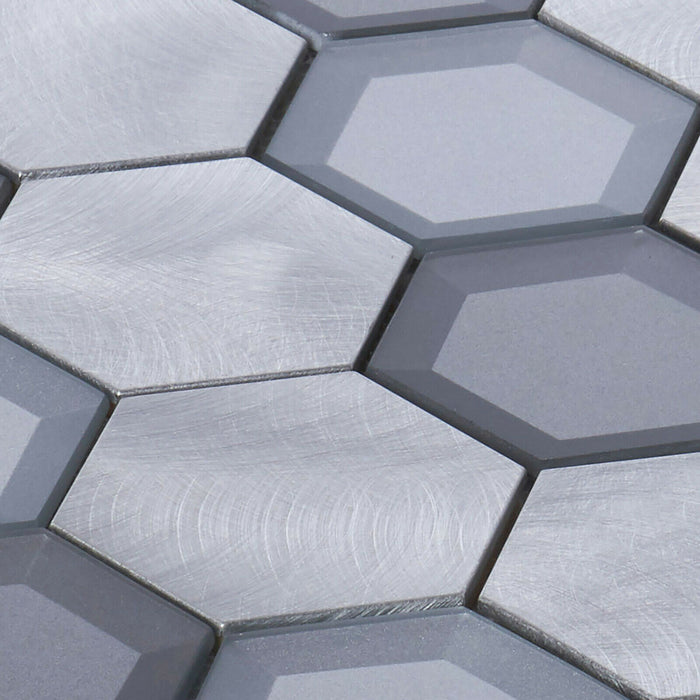 TDH61MDR Gray Aluminum Metallic 3D Crystal Glass Hexagon Mosaic Tile