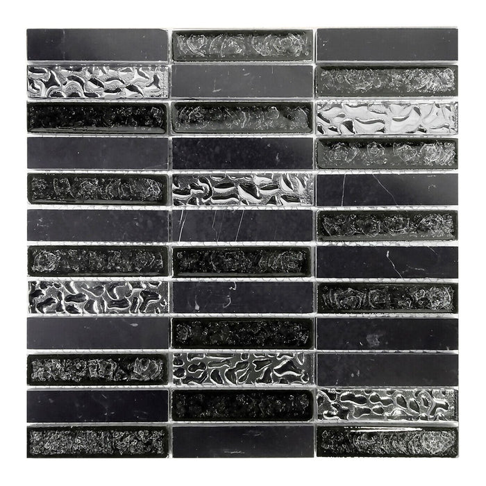 TDH202MO Black Marble Stone Blended with Crackle and Silver Glass Mosaic Tile