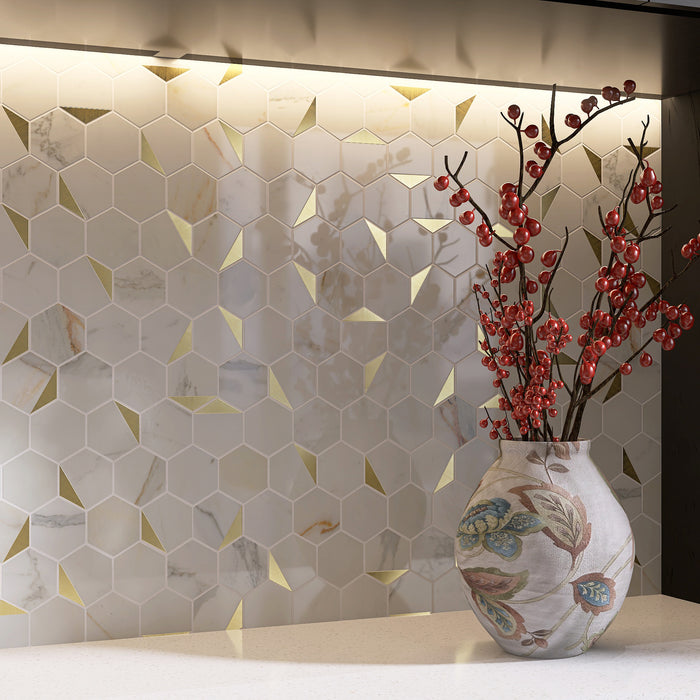 TDH16MDR White Calacatta Gold Marble With Stainless Steel 3" Hexagon Mosaic Tile