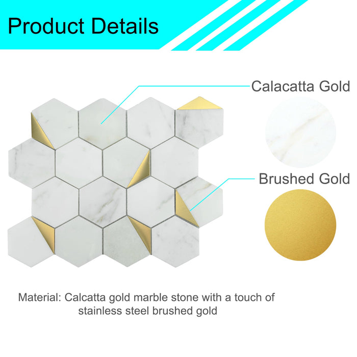Sample - TDH16MDR White Calacatta Gold Marble With Stainless Steel 3" Hexagon Mosaic Tile