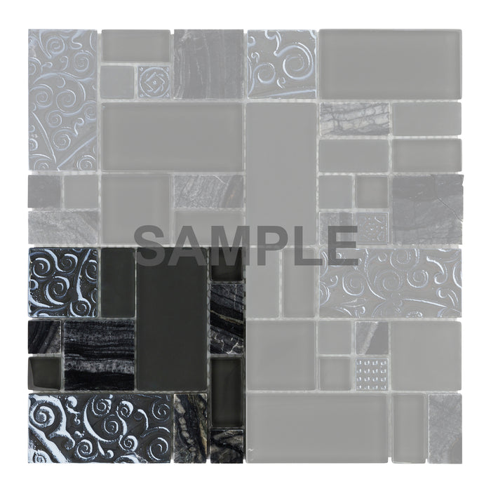 Sample - TDH91MDR Modket Black Glass Marble Stone Mosaic Tile