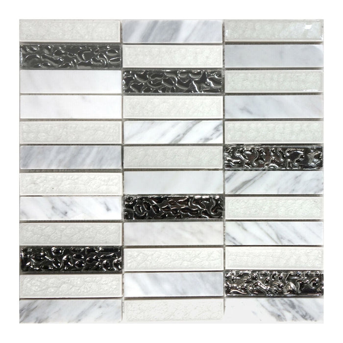 Sample - TDH201MO White Carrara Marble Stone Blended with Crackle and Silver Glass Mosaic Tile