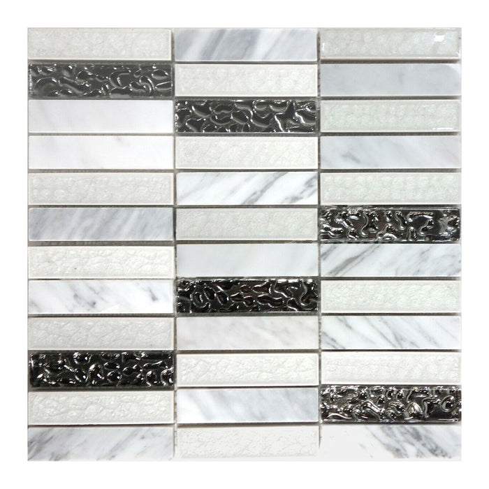 TDH201MO White Carrara Marble Stone Blended with Crackle and Silver Glass Mosaic Tile