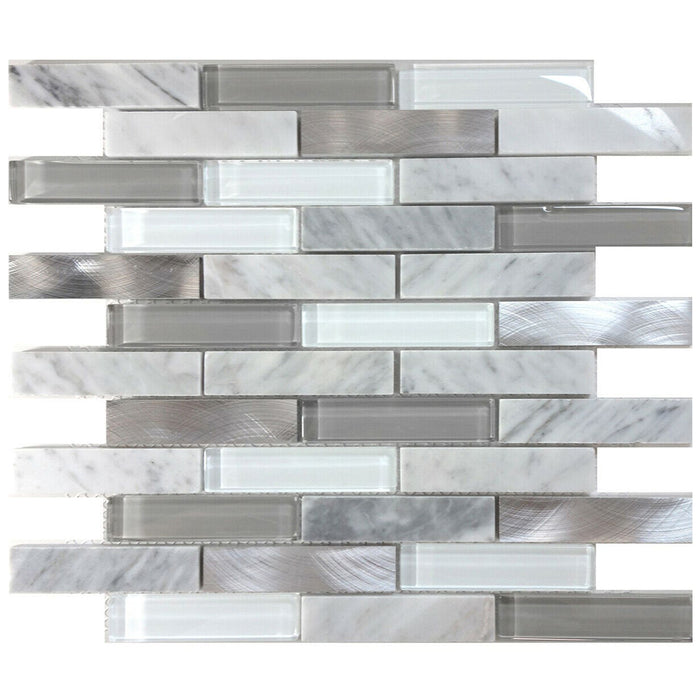 TDH219MO White Carrara Marble Stone Blended with Gray Crystal Glass and Aluminm Mosaic Tile