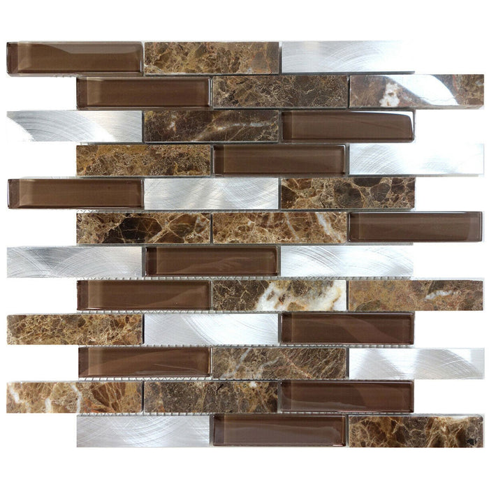 TDH216MO Brown Marble Stone Blended with Brown Crystal Glass and Aluminum Mosaic Tile