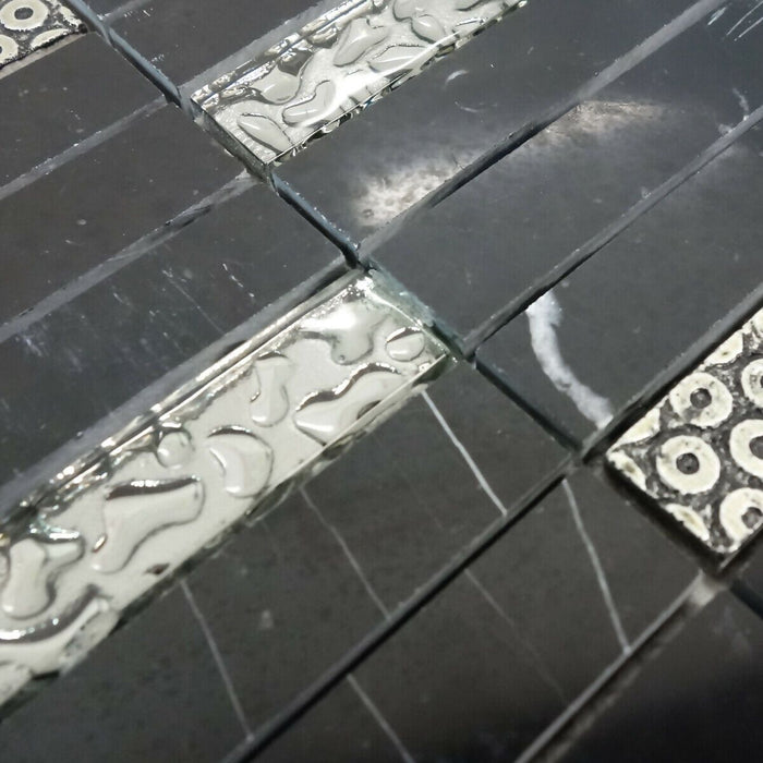 Sample - TDH192MO Black Marble Stone Blended with Silver Glass and 3D Décor Mosaic Tile