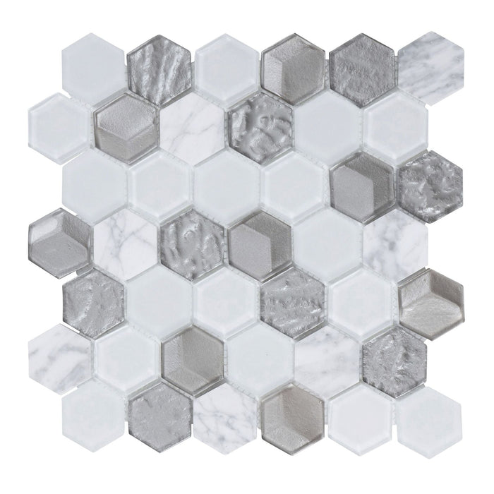 Sample - TDH27MDR Hexagon White and Gray Glass Blended with White Marble Stone Mosaic Tile