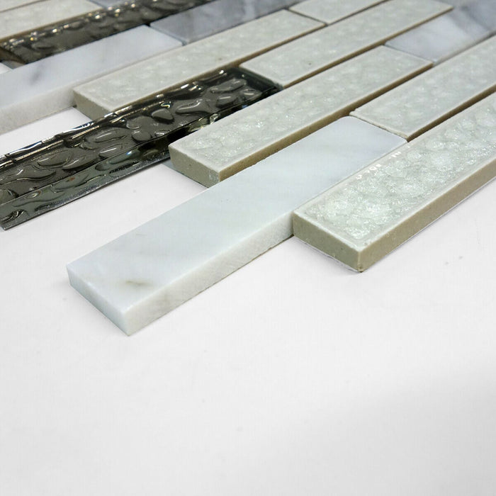 Sample - TDH204MO White Carrara Marble Stone Blended with Crackle and Silver Glass Mosaic Tile