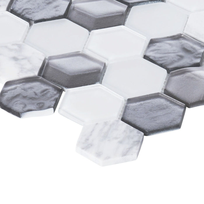 Sample - TDH27MDR Hexagon White and Gray Glass Blended with White Marble Stone Mosaic Tile