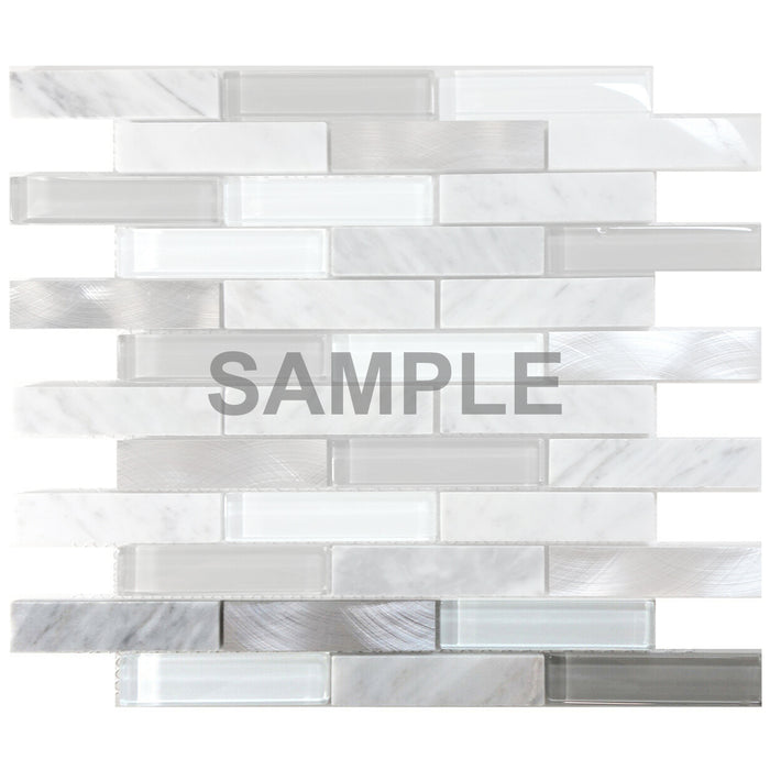 Sample - TDH219MO White Carrara Marble Stone Blended with Gray Crystal Glass and Aluminm Mosaic Tile