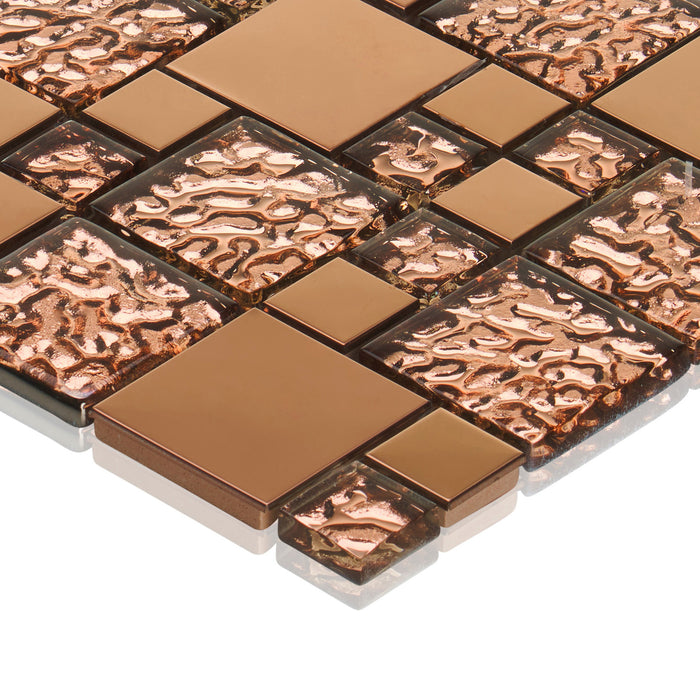TDH20MDR Copper Rose Gold Metal Pattern Textured Glass Mosaic Tile Backsplash