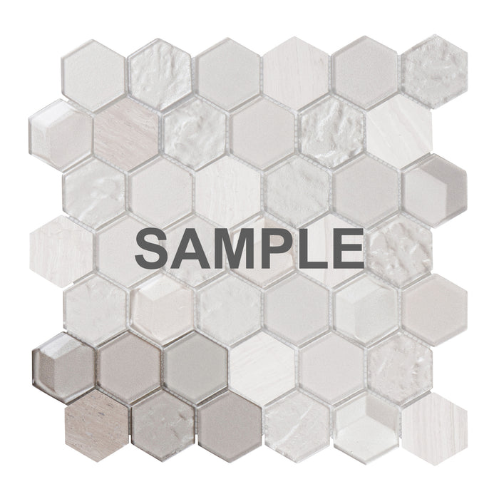Sample - TDH28MDR Gray White Oak Beige Glass Marble Stone Hexagon Mosaic Tile