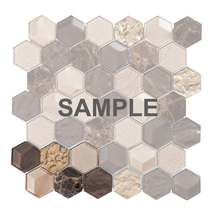 Sample - TDH31MDR Hexagon Brown and Beige Glass Blended with Brown Marble Stone Mosaic Tile
