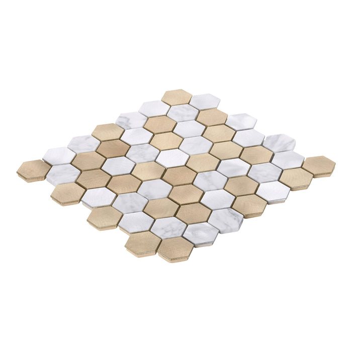 Sample - TDH32MDR White Calacatta Marble Champagne Gold Aluminum Metallic 1.5" Hexagon Mosaic Tile