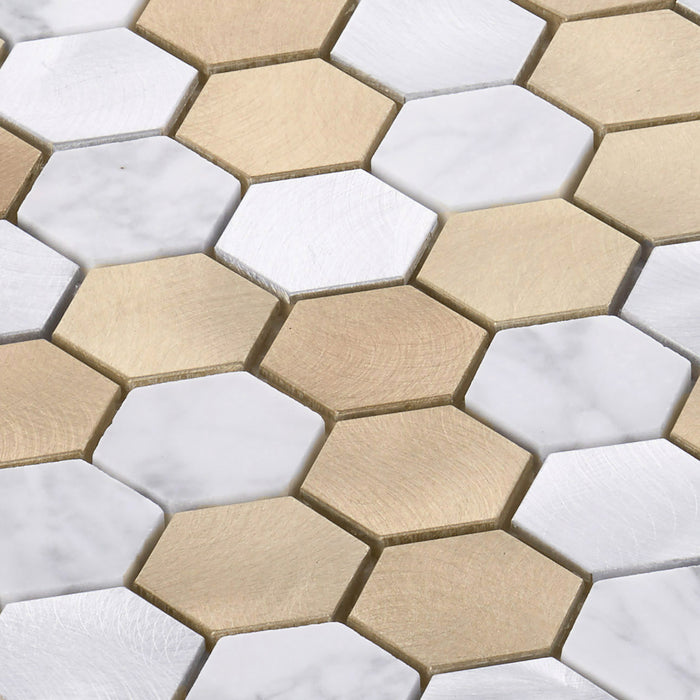 Sample - TDH32MDR White Calacatta Marble Champagne Gold Aluminum Metallic 1.5" Hexagon Mosaic Tile