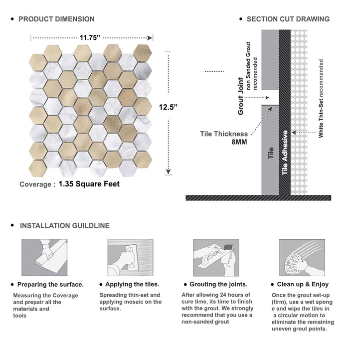 Sample - TDH32MDR White Calacatta Marble Champagne Gold Aluminum Metallic 1.5" Hexagon Mosaic Tile