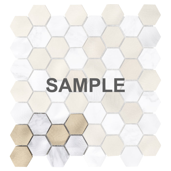 Sample - TDH32MDR White Calacatta Marble Champagne Gold Aluminum Metallic 1.5" Hexagon Mosaic Tile