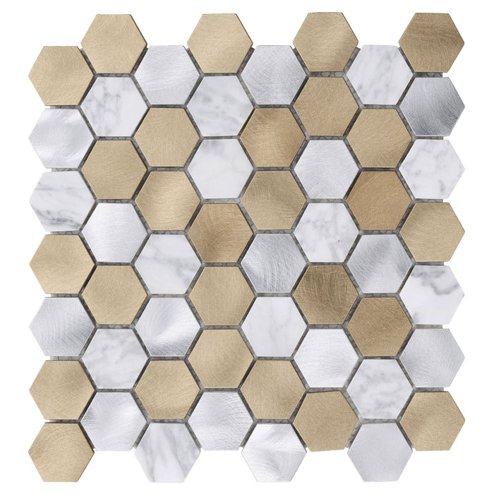 Sample - TDH32MDR White Calacatta Marble Champagne Gold Aluminum Metallic 1.5" Hexagon Mosaic Tile