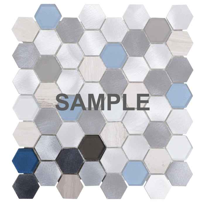 Sample - TDH35MDR Gray Marble Blue Glass Aluminum Metallic Hexagon Mosaic Tile