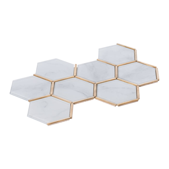 TDH62MDR Super White Calacatta Stone Pattern Glass Gold Metal Trim Hexagon Mosaic Tile