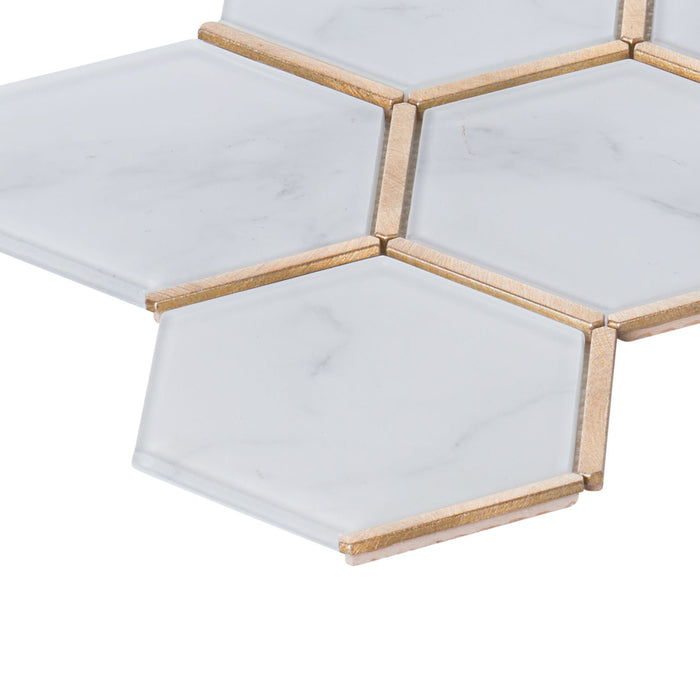 TDH62MDR Super White Calacatta Stone Pattern Glass Gold Metal Trim Hexagon Mosaic Tile