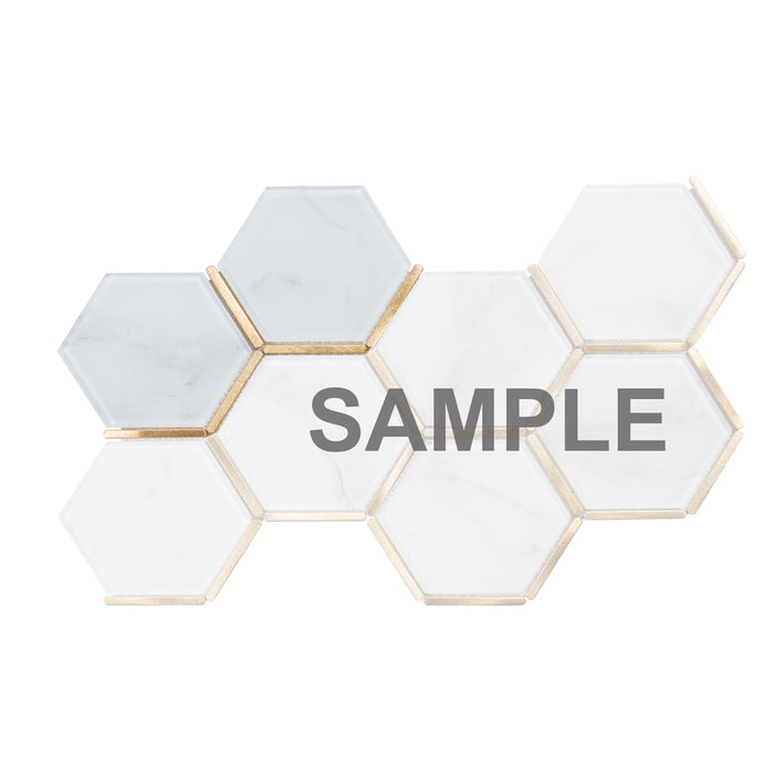 Sample - TDH62MDR Super White Calacatta Stone Pattern Glass Gold Metal Trim Hexagon Mosaic Tile