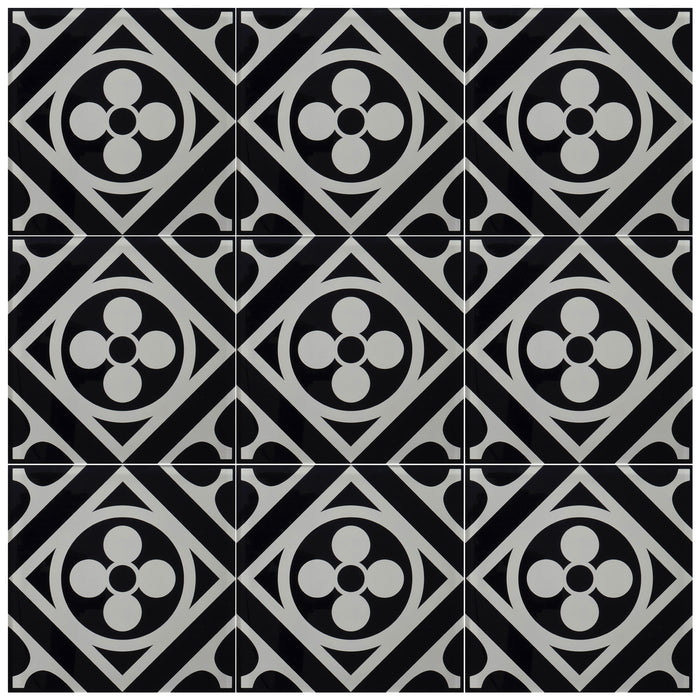 TDH67MDR 8” x 8” Black and White Moroccan Pattern Crystal Glass Tile
