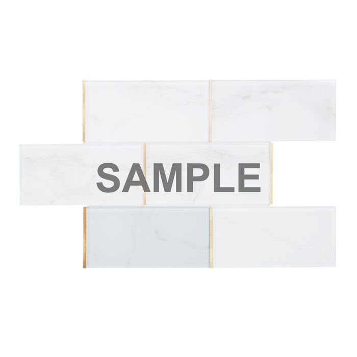 Sample - TDH78MDR 4” x 8” Super White Calacatta Stone Pattern Glass Gold Metal Trim Subway Mosaic Tile