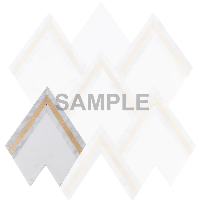 Sample - TDH87MDR White Cararra Gold Metal Trim Chevron Mosaic Tile