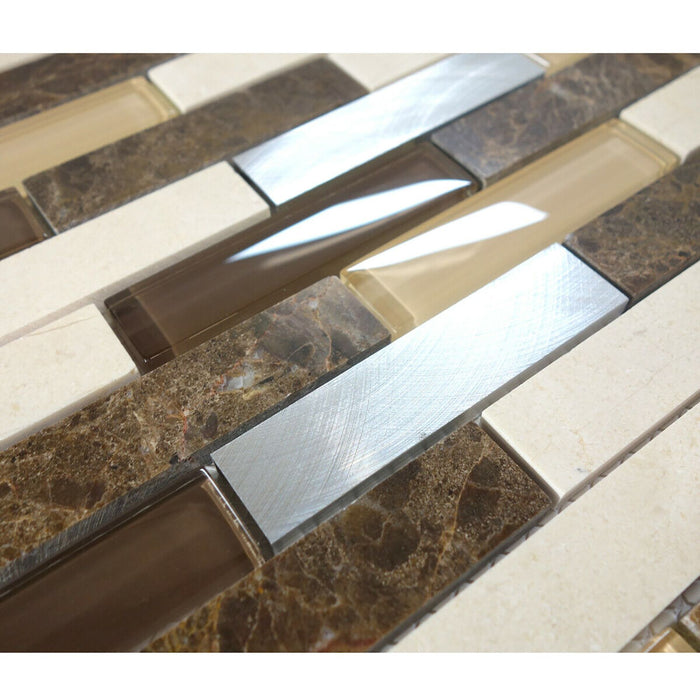 TDH212MO Brown Marble Stone Blended with Ivoy Brown Crystal Glass and Aluminum Mosaic Tile