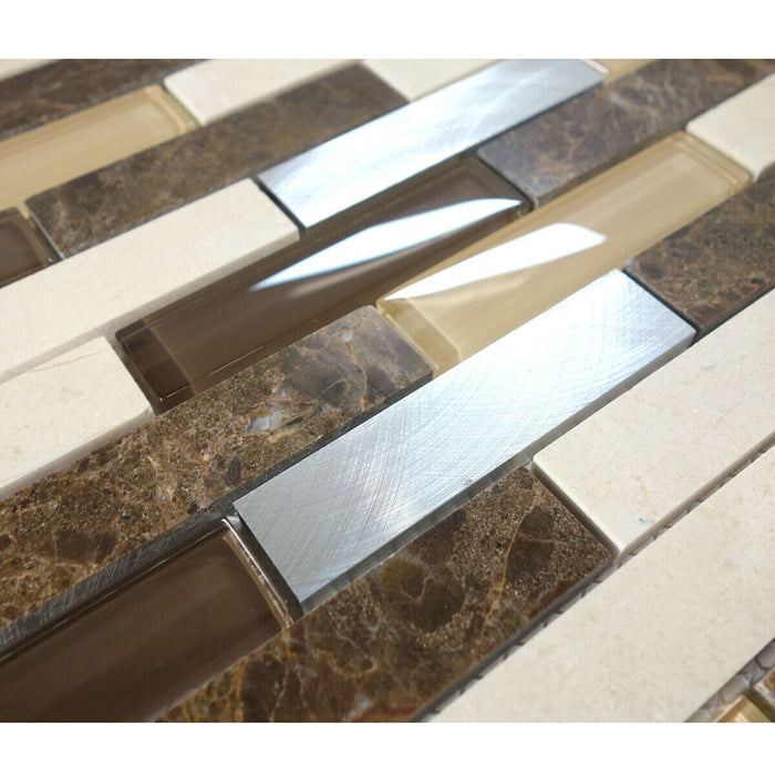 Sample - TDH212MO Brown Marble Stone Blended with Ivoy Brown Crystal Glass and Aluminum Mosaic Tile