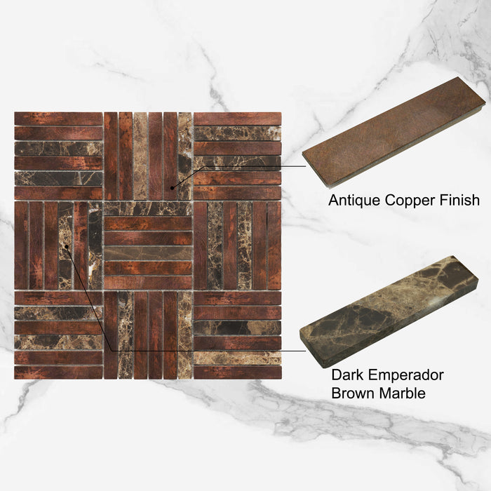 TDH370AC Antique Copper Natural Stone Emperador Brown Metallic Metal Mosaic Tile