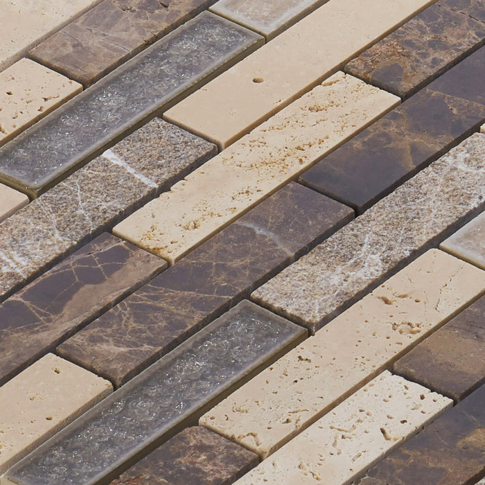 Sample - TDH247CG Natural Stone Travertine Marble Crackle Glass Brown Beige Mosaic Tile