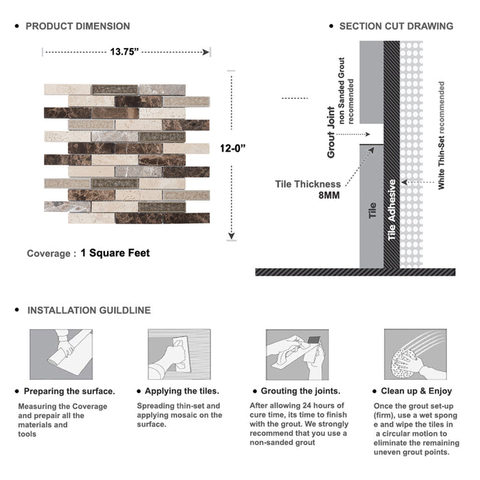 Sample - TDH247CG Natural Stone Travertine Marble Crackle Glass Brown Beige Mosaic Tile